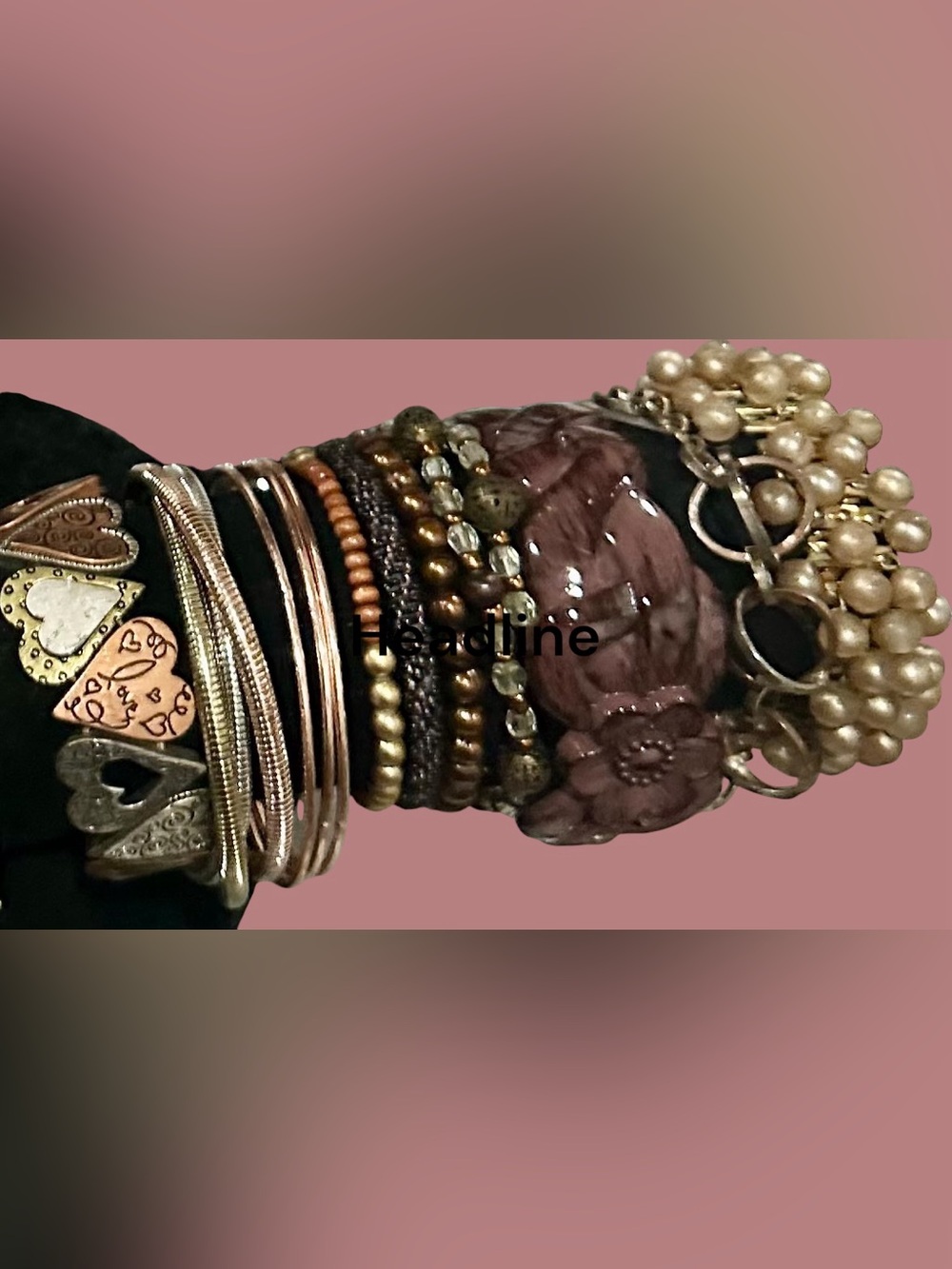 Boho Mixed Media Stacked Bracelet Lot Pearl Heart Charms Earth Tone Layered Set